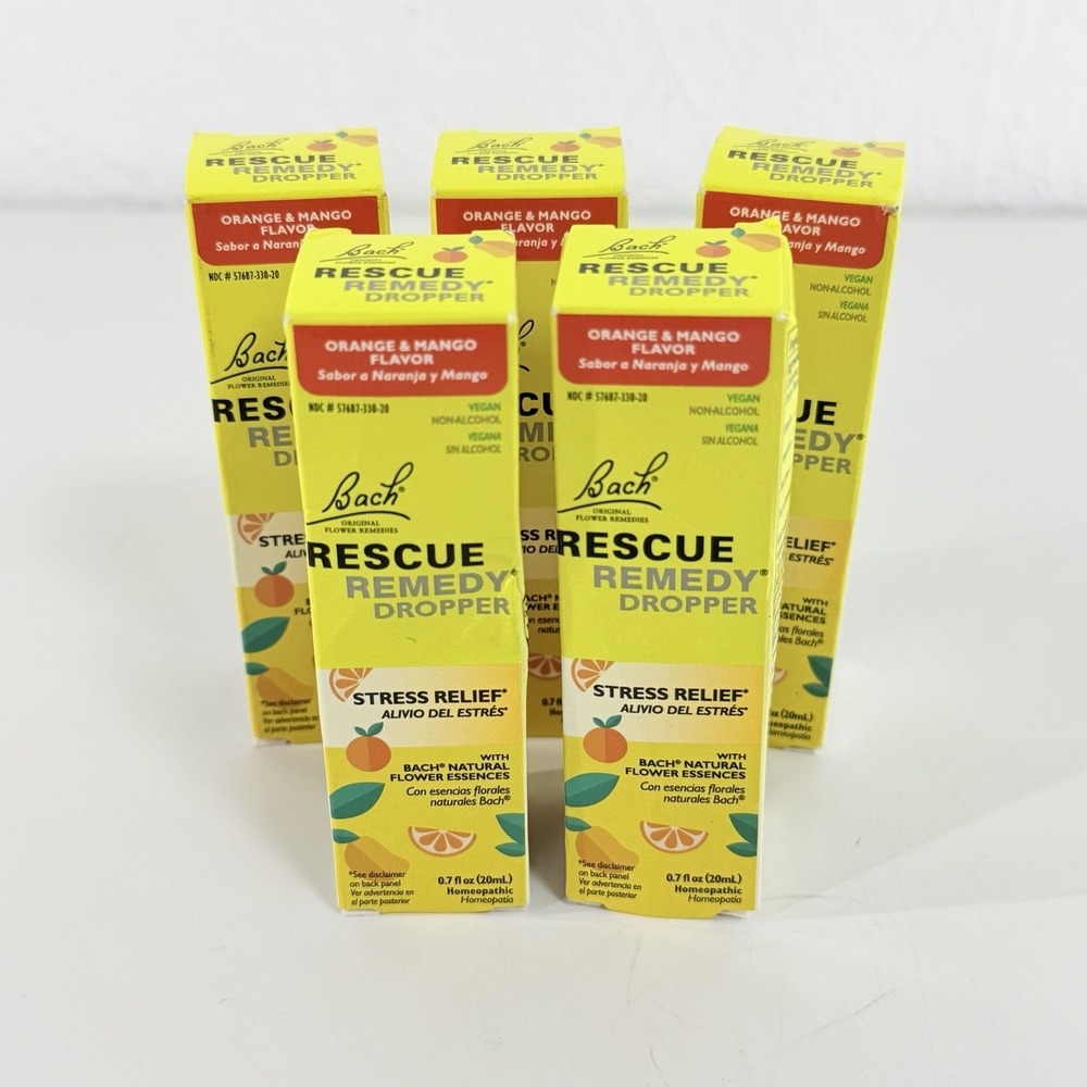 5 PACK, 0.7 fl oz (20mL) EACH bottle,  Bach RESCUE REMEDY Dropper Orange Mango